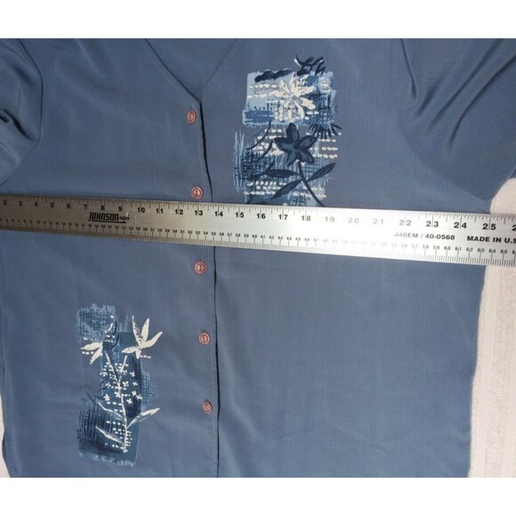 Vintage GW Division of Graff XL Blue V-Neck Button-Down Crinkle Top Short Sleeve - Picture 6 of 9